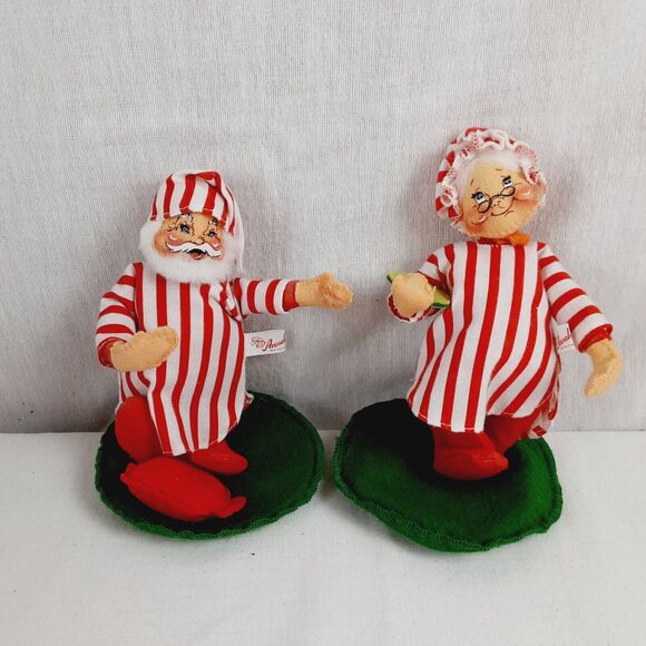 Anna Lee Christmas 1963 Mr & Mrs Clause in Red White Striped Pajamas Set of 2 - Picture 1 of 16